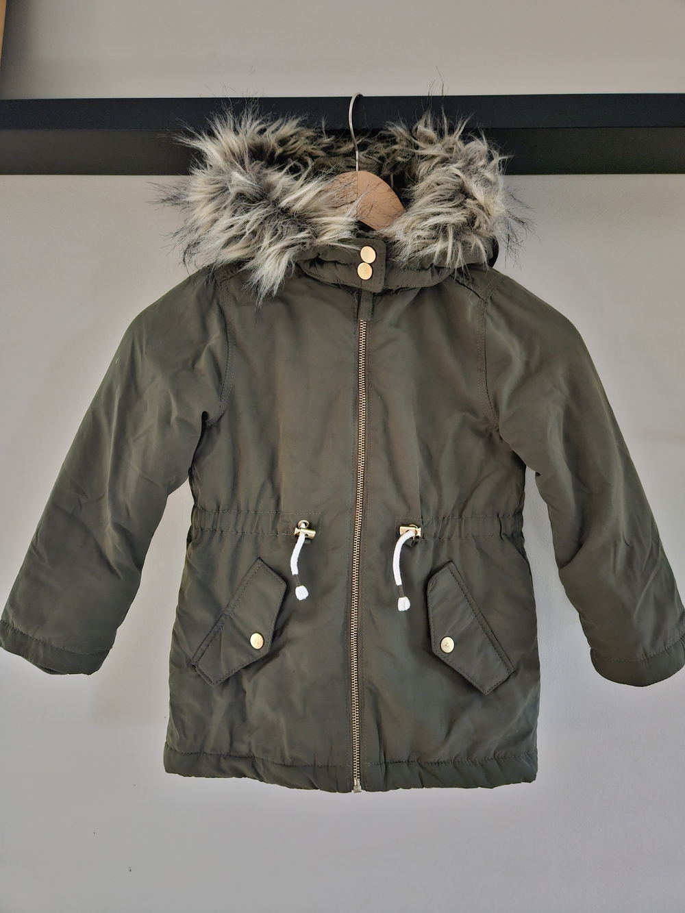 NEW - H&M Kids Olive Green Faux Fur Hooded Parka Jacket - Size 6